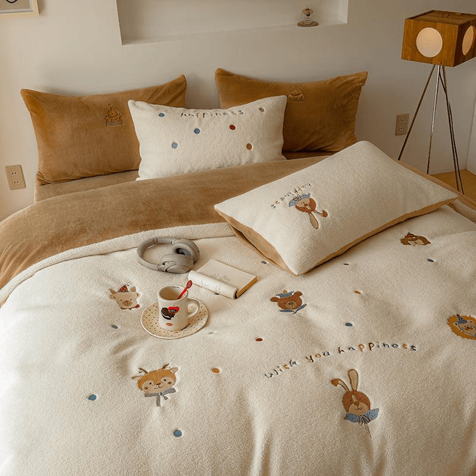 [중국발 다이렉트 메일] Lullabuy Mianyu Yunrou 우유 벨벳 타올 자수 침대 4피스 침구 세트 (시트*1+이불 커버*1+베갯잇*2) 별과 소원-퀸 사이즈