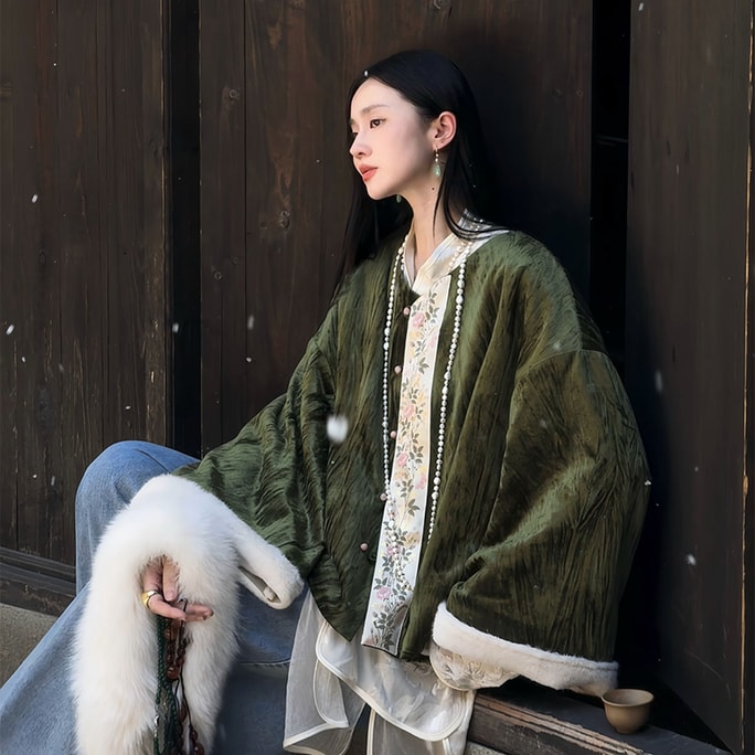 Emerald Velvet Heavy Industry Twisted Velvet Jacquard Cotton New Chinese Coat Daishan Green M