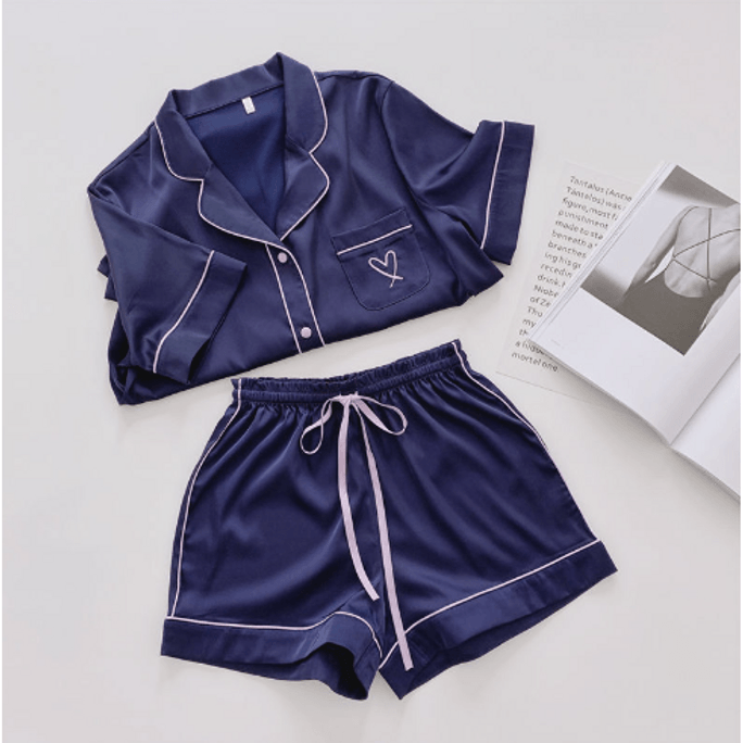 Summer Ice Silk Pajamas Pocket Heart Blue Size L