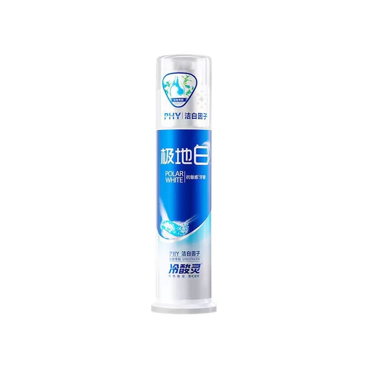 렝쉬안링 폴라 화이트 펌프형 이중 민감성 완화 치약 100g. 펌프형으로 세워 사용하는 오션 민트 향의 미백 치약입니다. [식물성 미백 성분이 상아질 민감성을 완화하고, 깊숙이 착색을 제거하며, 누런 변색을 방지합니다.] 자연스러운 하얀 치아를 되찾아줍니다. 6