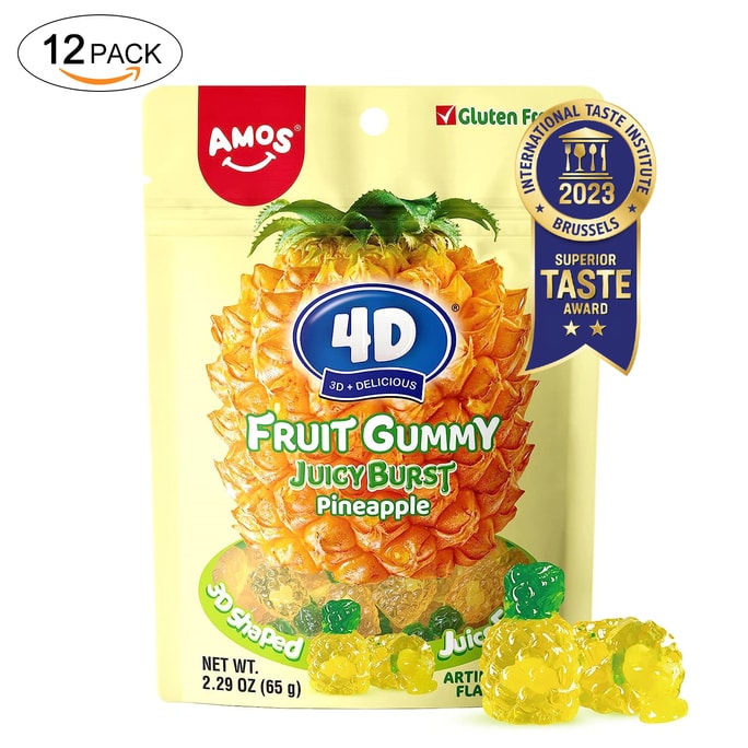 AMOS 4D Gummy Fruit Filled Candy Fruit Snacks Juicy Burst Pineapple Juice Filled Gummies 2.29Oz Per Bag (12 Bags)