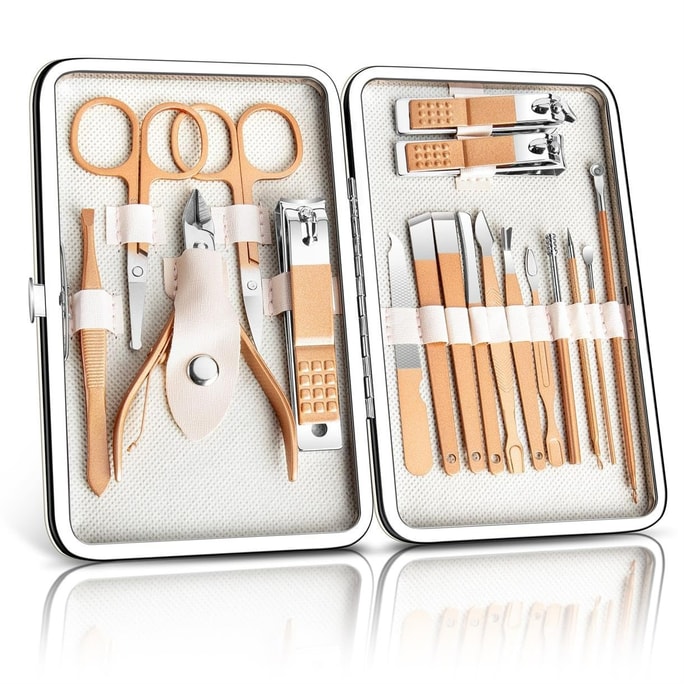 佰凌客 高品質指甲刀套裝 18合1不鏽鋼指甲鉗 修甲修眉套裝 專業美容套裝 臉部手部足部護理套裝 附皮包適合家庭、戶外、禮物