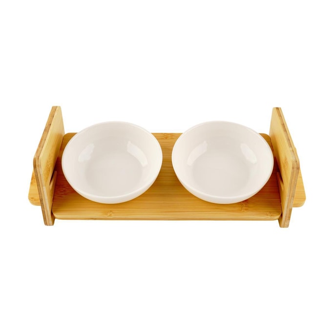 福丸木质猫碗架陶瓷猫碗 可调节高度 基础款