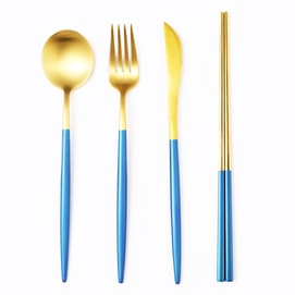 【中國直郵】RAMBLE 西餐餐具組 刀叉湯匙+筷 藍金4件組 304不鏽鋼 牛排餐具