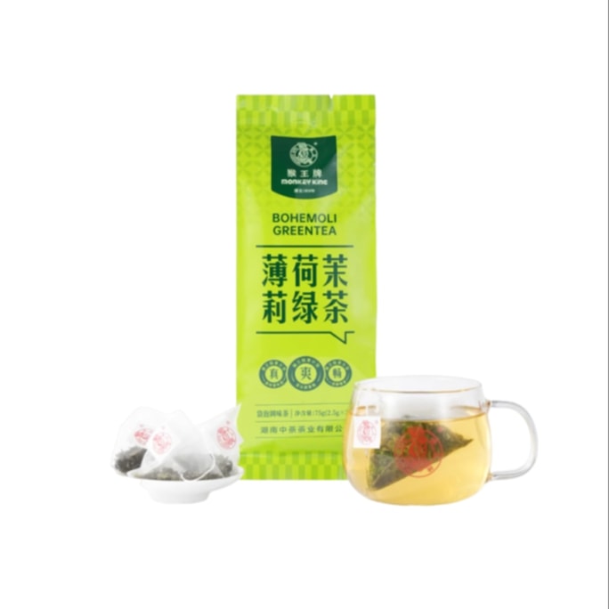 【中国直送】モンキーキングブランド ミントジャスミン緑茶 フレッシュホールリーフティー 温冷兼用 75g 30三角袋