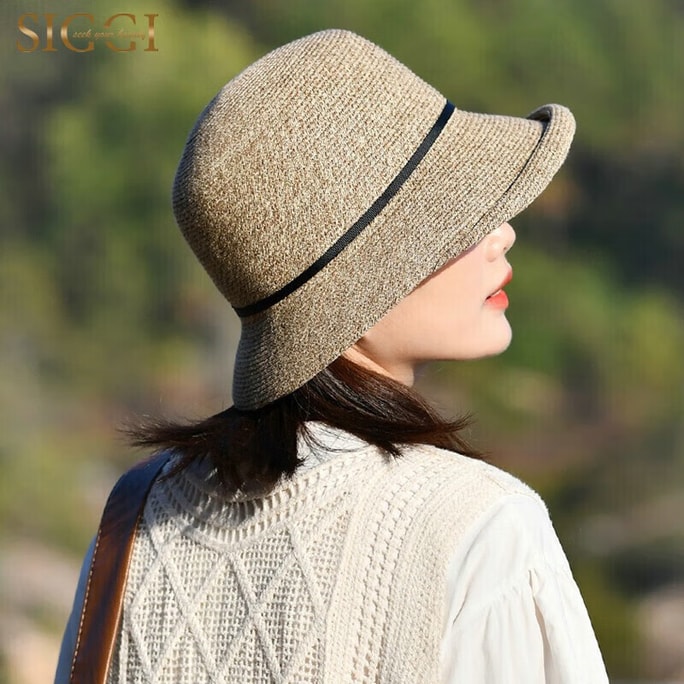 Japanese Style Rolled Brim Foldable Straw Sun Hat for Travel & Vacation, Elegant Coffee, 57cm Head Circumference
