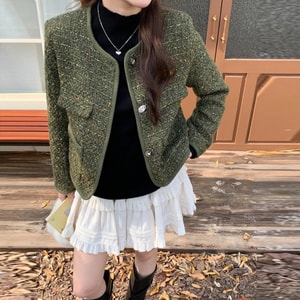 New French Retro Style Elegant High-End Tweed Chanel-Inspired Jacket - Green S