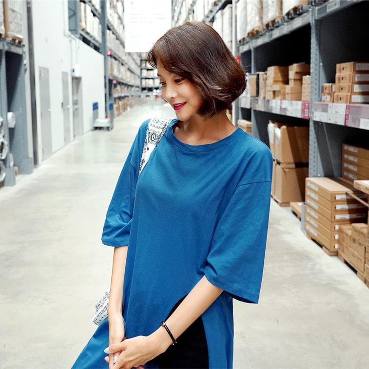 [韩国直邮] WINGS 韩国侧开衩中长款上衣T恤女 #蓝色 均码(Free) 5