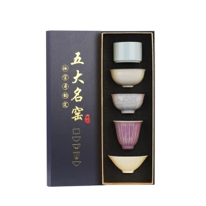 Palace Museum Cultural and Creative Products: Five Famous Kilns Teacups, Tea Set with Lid and Top Cover Gift Box (1 box contains 5 cups)