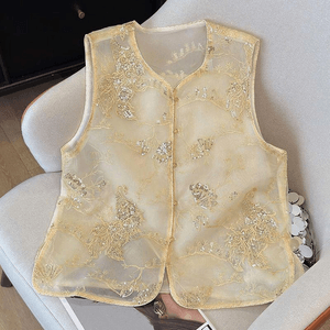 [중국 직송 우편] ASIS 스타일 여성용 자수 투명 탕수트 조끼 재킷 - 노란색 3XL