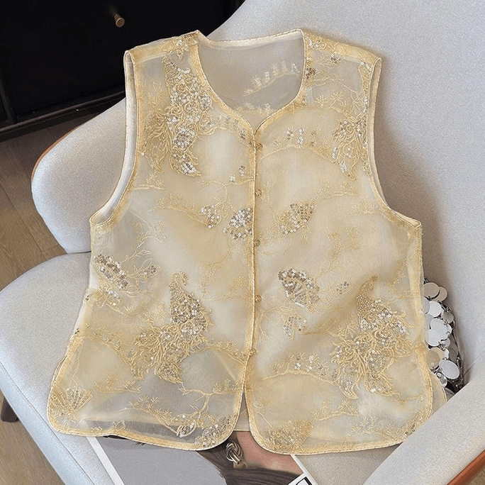 Chinese Style Embroidery Penetrate Tang Suit Vest Coat for Women Yellow M
