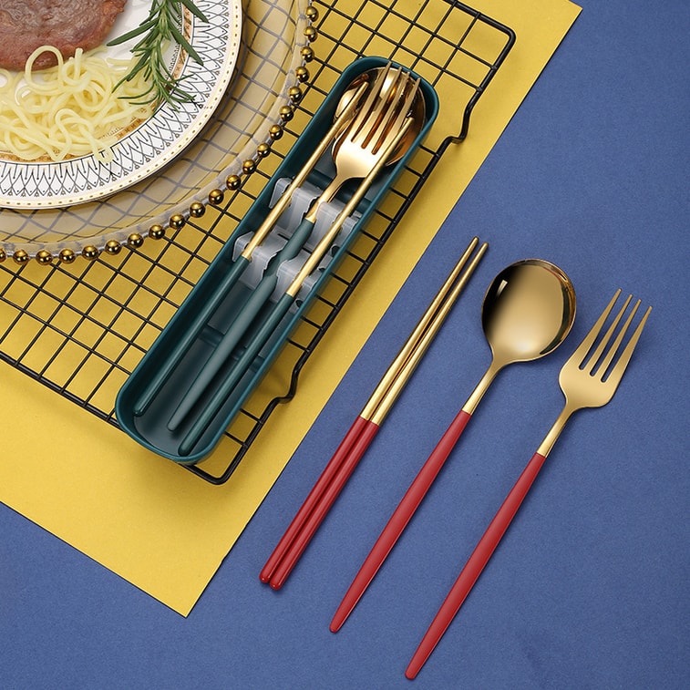 【中国直邮】 亲太太 不锈钢餐具便携套装 三件套筷子叉勺   银黑 3