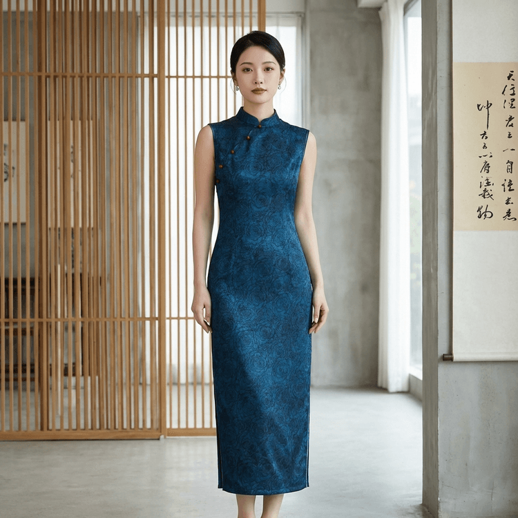 Blue Rose Jacquard Xiangyunsha Sleeveless Qipao Elegant Chinese Mulberry Silk Cheongsam Dress 3XL Size
