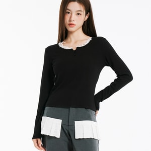 【中国直邮】 HSPM 蝴蝶结蕾丝花边领长袖针织衫 修身内搭打底保暖上衣 黑色2XL码