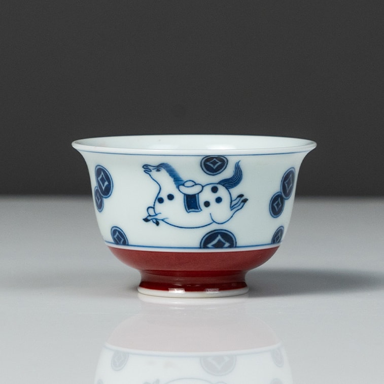 여동생의 차 시음: "어서 부자가 되세요" 손으로 그린 ​​나팔형 찻잔, 청화백자 선덕홍자, 시음잔, 쿵푸 찻잔, 주인의 잔, 경덕진 도자기, 룬추이탕 장인 수공예품, 60ml 5