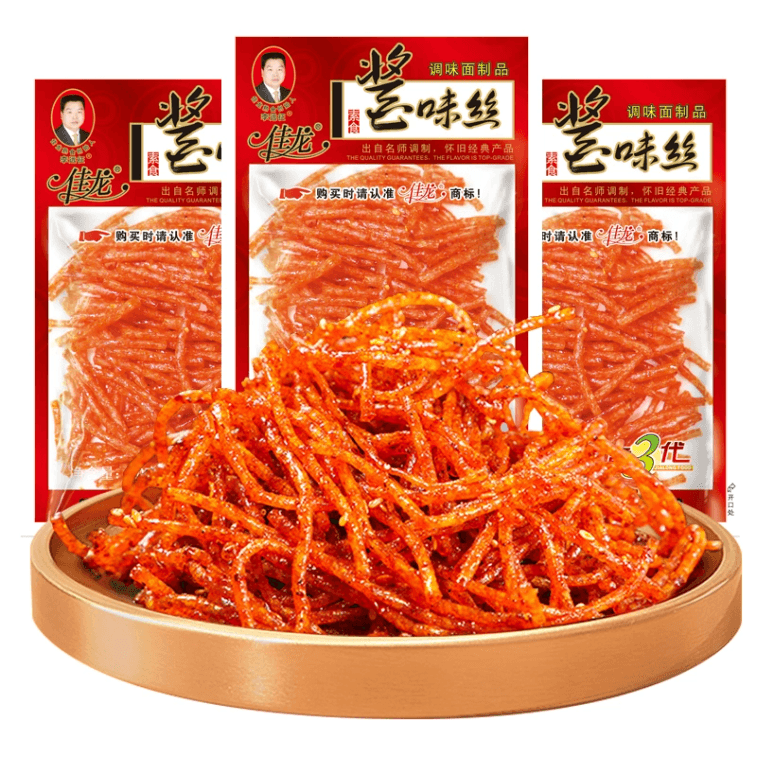 【中国直邮】 佳龙 酱味丝辣条小零食小吃校园儿时怀旧麻辣好吃的休闲食品 18g*3包 4