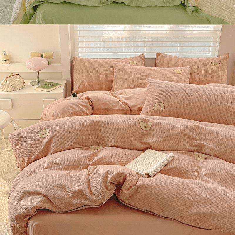 【中国直邮】 Lullabuy 华夫格小熊刺绣纯棉床上四件套(床笠款) 黄绿色-Queen