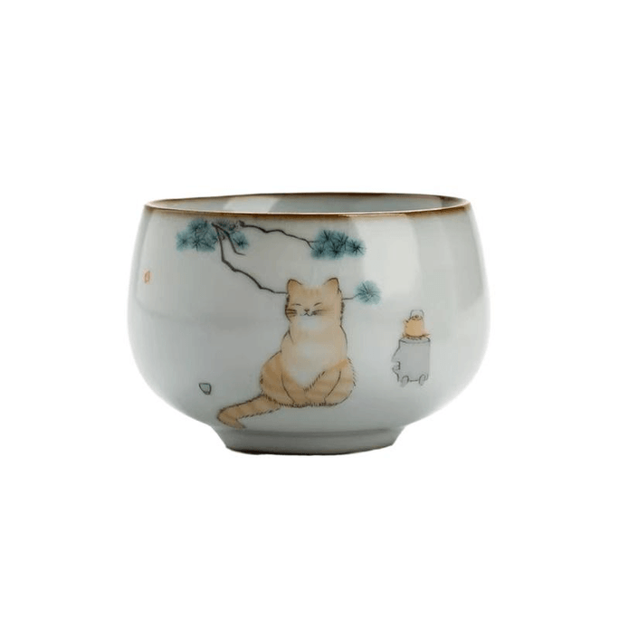 【中國直郵】 一品仟堂 汝窯羅漢杯可愛貓羅漢主人杯個人杯陶瓷開片 冬貓 4.8*7.4厘米