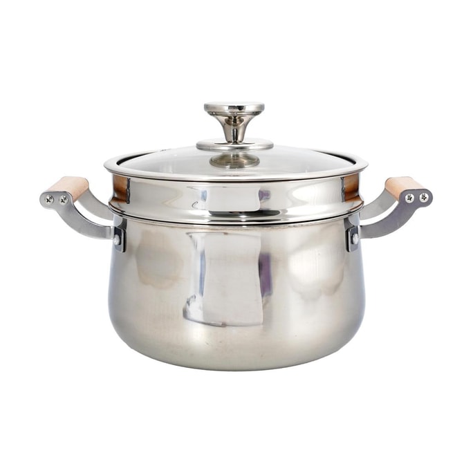 蒸し器＆ストックポット、蒸し器ラック付き多機能調理鍋、木製ハンドル、22cm