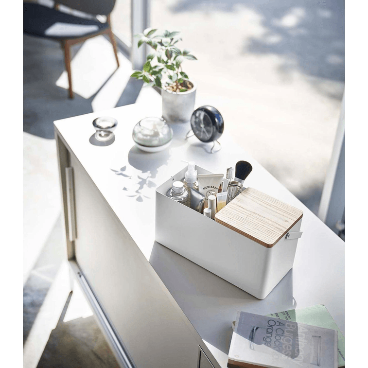 야마자키 홈 거울 달린 메이크업 정리함 - 스틸+우드, 화이트 (1개) 5