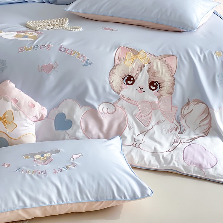Cute Kitty Embroidery Bedding Set For 1.2m Bed. 60S Long Staple 100% Cotton, Soft & Skin-friendly. Glossy, Breathable Cat Applique Bed Linen For Bedroom, Dorm Or Rental. Sweet Girl Home Decor. 4