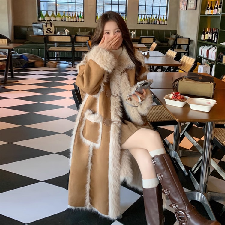 Faux Fox Fur Long Loose Fuzzy Thickened Coat with Shearling Lining