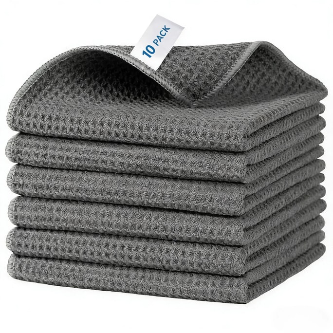  RHFJAKA 美国发货 10条华夫格纹清洁布 - 12 x 12英寸 可重复使用吸水超细纤维汽车擦拭布,不掉毛,不刮伤表面 - 高效超细纤维厨房抹布和汽车清洁布