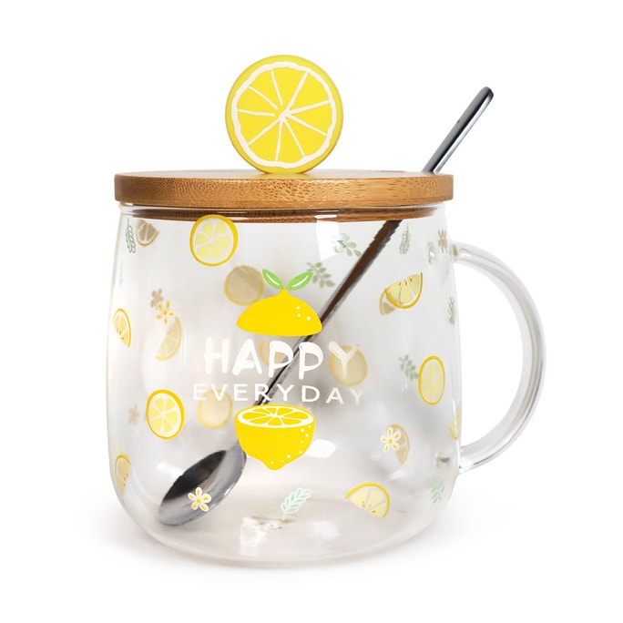 GINKGOHOME 手描きかわいいレモンフルーツガラスカップ蓋スプーン絶妙なガラス製品朝​​食オフィスマグスタイル 3 8 オンス