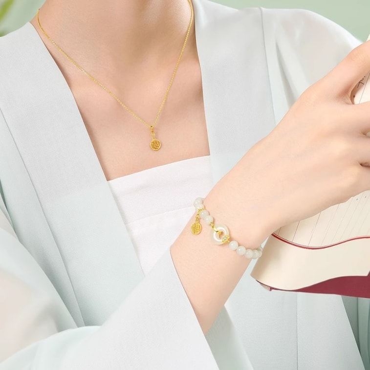 【中国直邮】 周大生 出水福蓉和田玉手串福气平安扣国风手链银 1个装 3