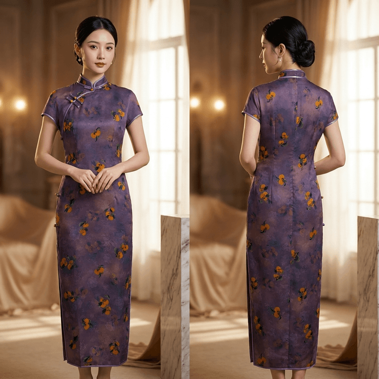 LUXE ORIENTA 100%シルク香雲紗紫柿プリント半袖チャイナドレス (XL 