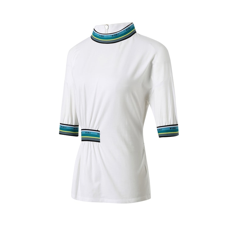 暴走的萝莉 织带收腰运动短袖女夏季 薄款吸湿排汗修身跑步训练T恤/白撞绿#/XS 4