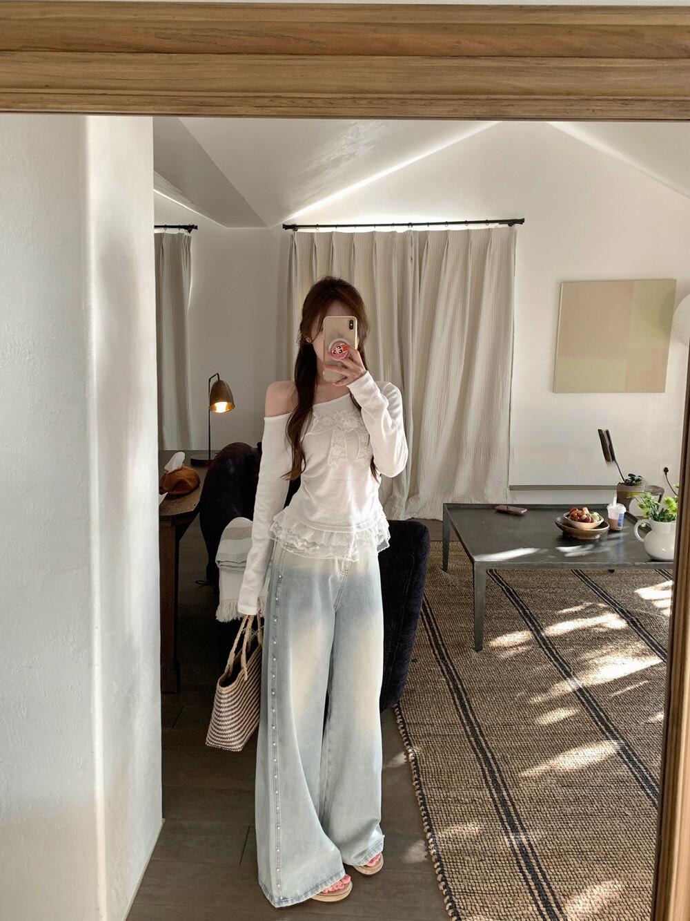 【加拿大直邮】 加拿大 SCENARIO 珍珠线条宽腿牛仔裤 浅蓝色 S-M码 浅蓝色 S