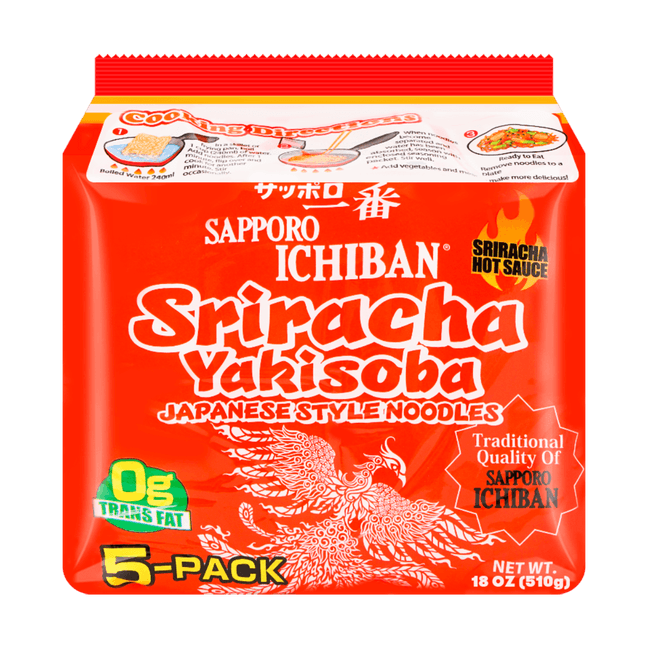 Sriracha Yakisoba - Spicy Japanese-Style Instant Noodles, 5 Packs, 18oz