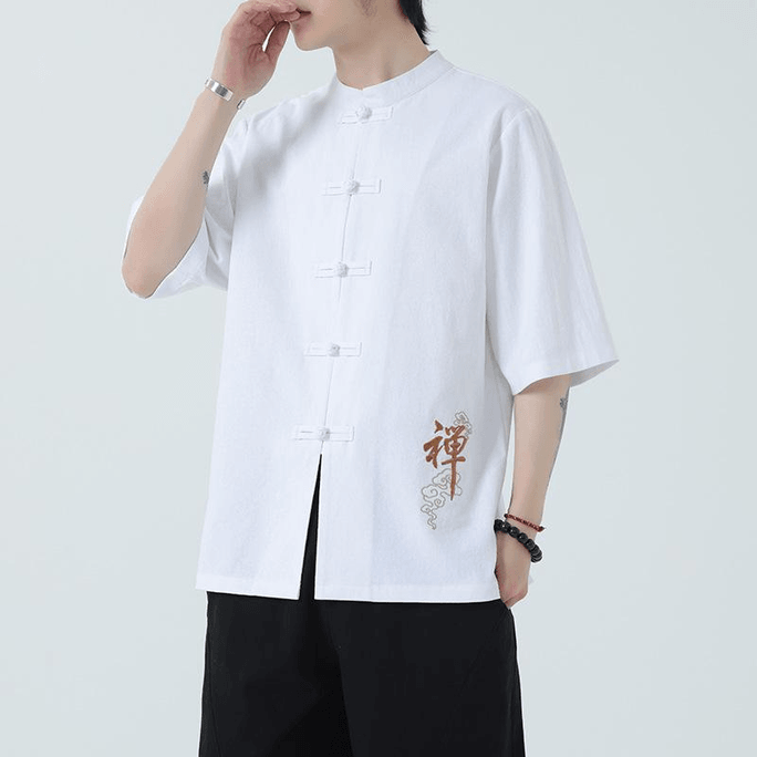 Chinese Style Thin Solid Embroidery Knot Button Tang Suit Hanfu Shirt White 5XL