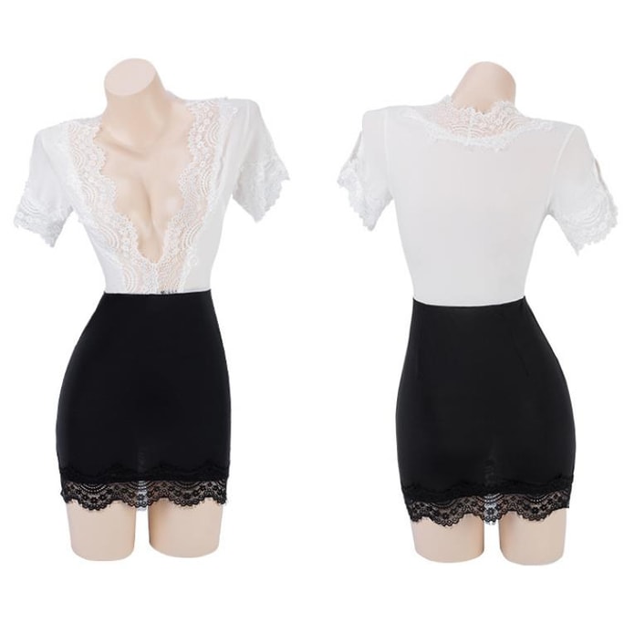 Lace secretary package hip skirt uniform set even size black and white