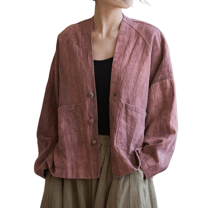 Chinese Style Ramie Literary Vintage Retro Button Cardigan Jacket For Women Red Onesize