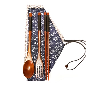 New Japanese Style Wooden Portable Tableware Three Piece Set Black Thread Winding Spoon Chopstick Fork Set F