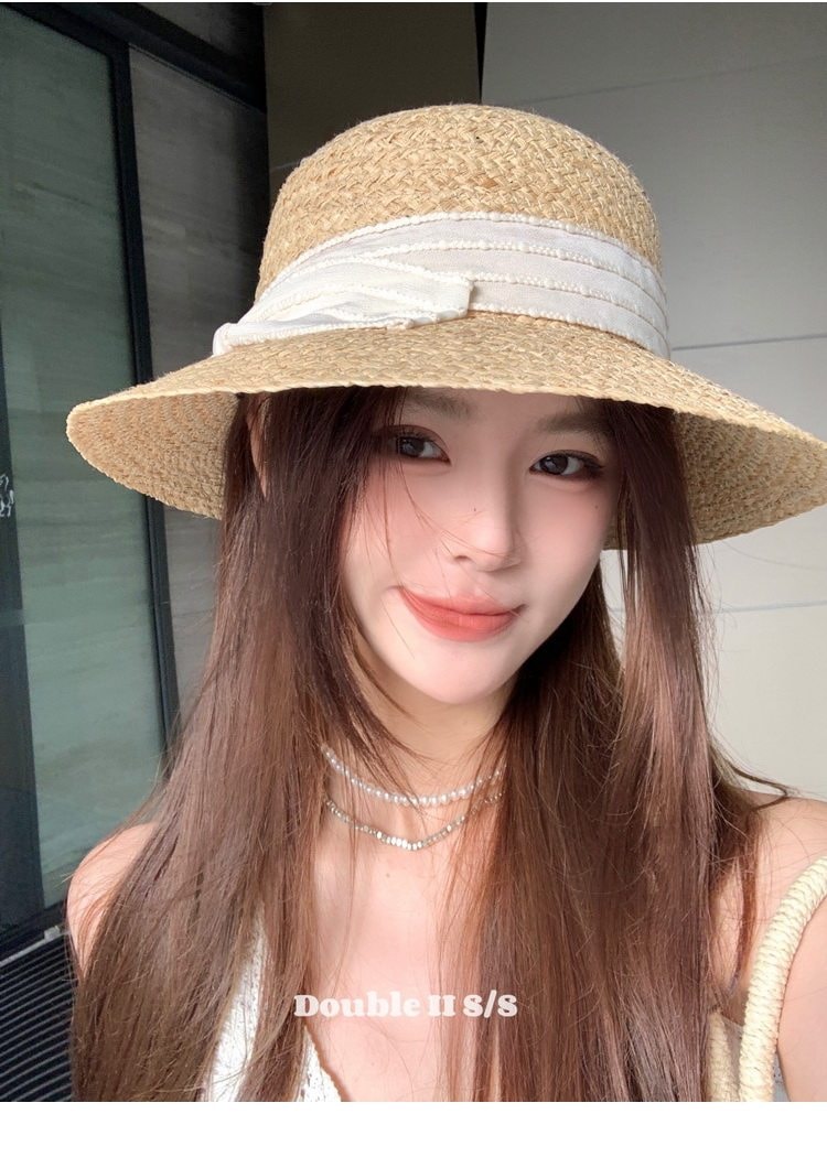 【中国直邮】 亲太太 天然拉菲草渔夫帽子女夏沙滩草帽遮阳防晒礼帽爆款 白色编织带 一个装