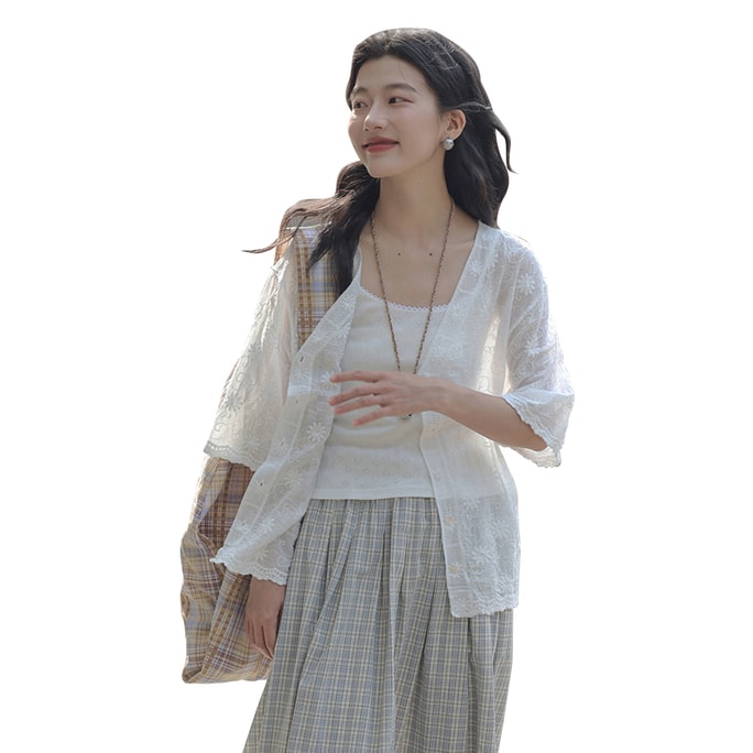 New High-end French Style Loose Sun Protection Short Sleeved Shirt White Tea M