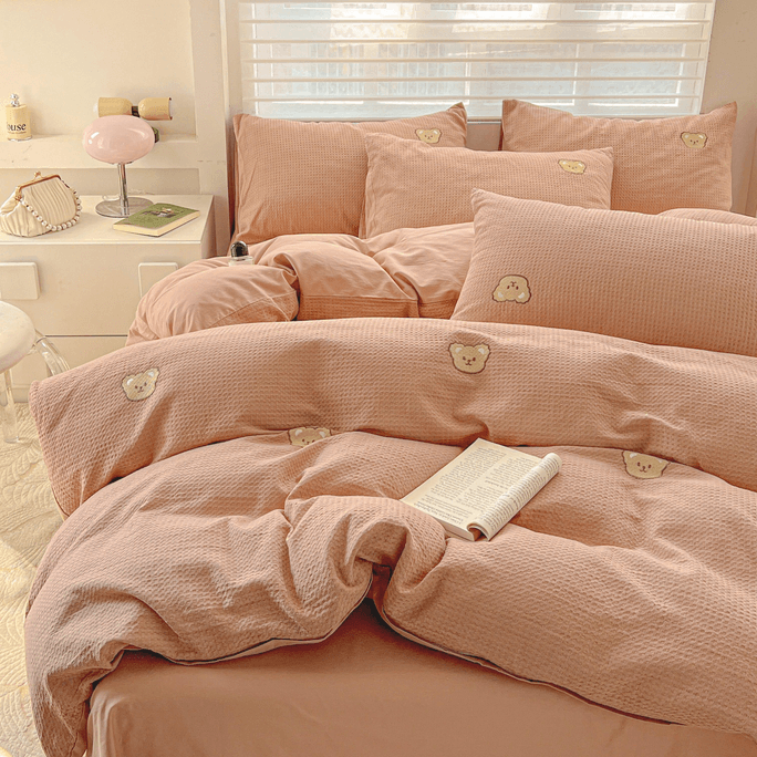 Teddy Waffle Bedding Set Rose Pink-Queen