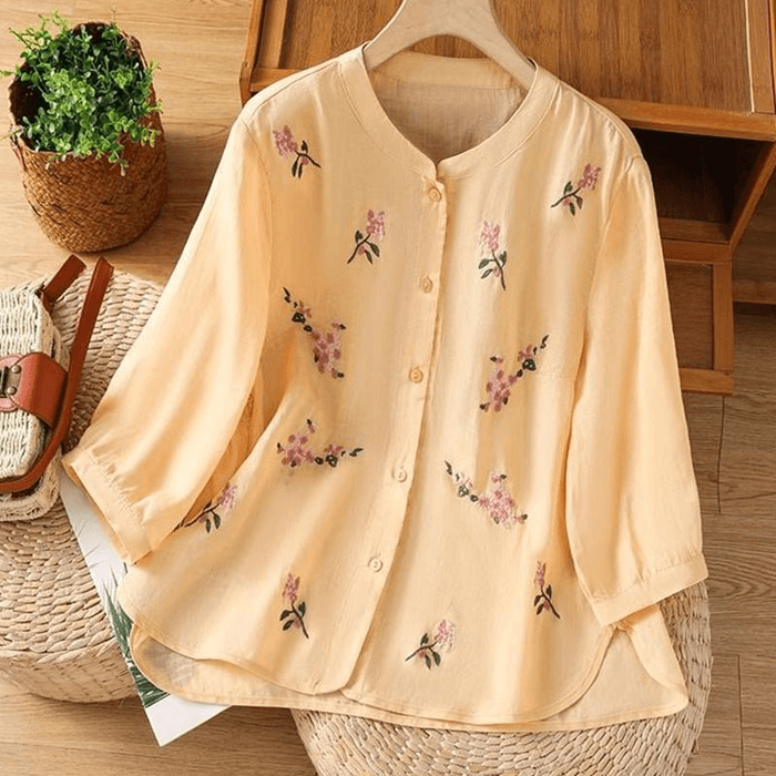 【中國直郵】 ASIS 棉麻刺繡拼接七分袖T卹上衣-黃色 M