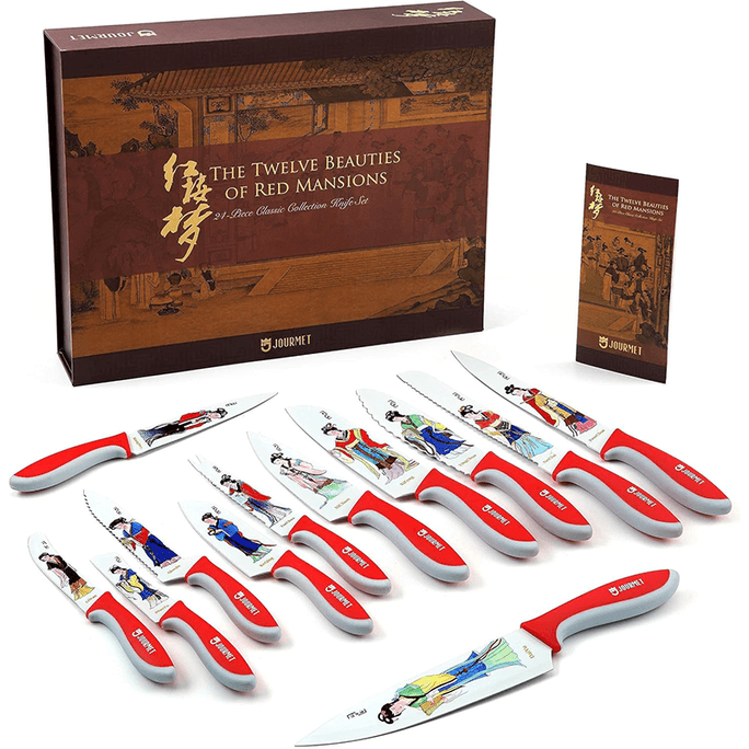 24 PC Red Chamber Dream Twelve Beauties Collection Set Premium Stainless Steel Kitchen Knives Colorful Knife Set