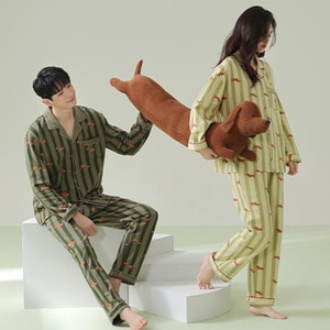 Couple's pajamas antibacterial pure cotton long-sleeved suitable for wearing outside home wear set for men and women women's light green M size