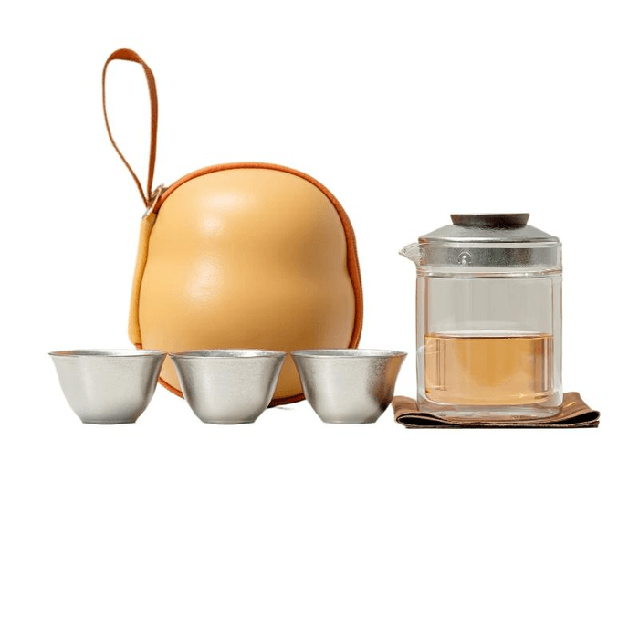 【中国直邮】 一品仟堂 纯钛旅行茶具钛杯套装便携快客杯 直身银色 一壶三杯 壶245毫升