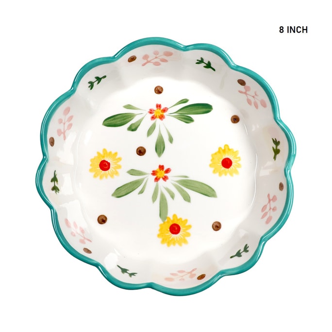 GINKGOHOME Hand Painted Flower Pattern Ceramic Bowl Wavy Edge 8 Inch Teal