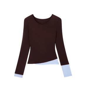Tencel Wool Lyocell Long-sleeve V-neck Slim-fit Warm Autumn Base Layer Top Wine Red Brown Size L