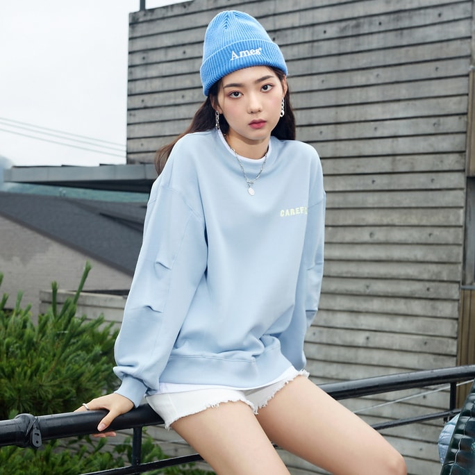HSPM New Versatile Fake Two-Piece Japanese Lazy Style Sweater Ice Blue S