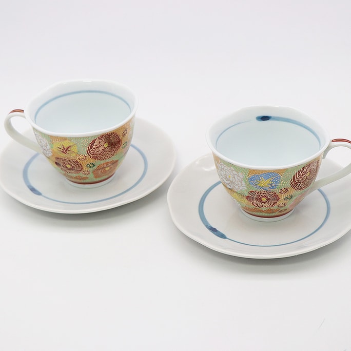 日本 KUTANIYAKI 九谷燒 金花紋 茶杯碟套裝 4.4 盎司