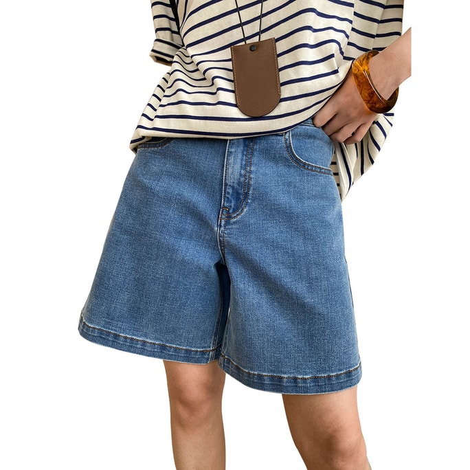 New Washed Retro High Waisted Straight Leg Denim Shorts In Blue 26