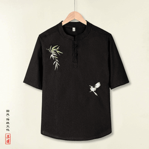 Chinese Style Flax Embroidery Knot Button Half Sleeve T Shirt Tops Black 5XL